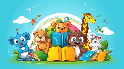 Colorful banner for a children's educational website.  Cartoonish elements like animated animals, books, and playful educational icons. Back to school 