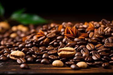 Coffee beans with anise on wooden background
