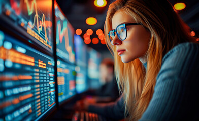 A professional woman analyzes financial data on multiple computer screens in a high-tech trading environment.