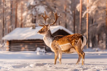 Obraz premium A majestic deer with impressive antlers stands in the snowy forest with a cabin in the background during winter.