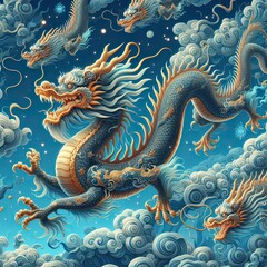 Fototapeta premium Beautiful flying Chinese dragon on a blue background . Chinese new year decoration . 