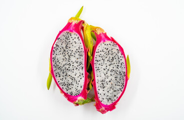 Cut dragon fruit (Pitaya) close up on white background isolated.