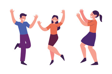 Young people dancing to cartoon character illustration set
