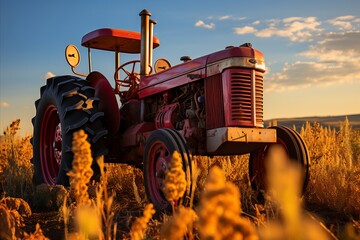 Old tractor in the field at sunset. Tractor on the field