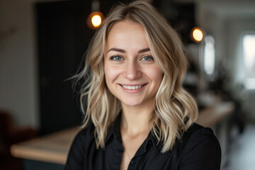 Fototapeta premium Attractive professional female with a captivating smile indoors. Generative AI.