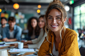 Happy female professional enjoying a collaborative workspace. Generative ai