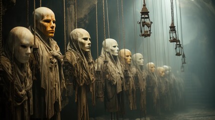 A chilling scene of a group of masks hanging on ropes in a dimly lit basement, creating an eerie atmosphere