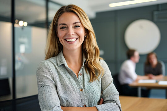 Happy professional woman at work with colleagues in background. Generative AI