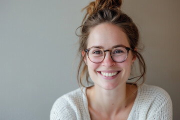 Happy young woman with glasses smiling warmly indoors. Generative AI.