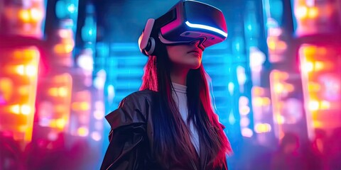 Futuristic woman captivated by virtual reality with neon lights. Innovative digital playground young female VR technology and cyberspace. Modern virtual adult in interactive gaming and entertainment