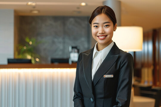 Professional Asian Woman Welcoming Guests in Hotel Lobby. Generative AI.