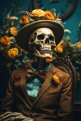 A spooky skeleton sitting on a chair, dressed up with a stylish bow tie. Perfect for Halloween-themed designs or illustrations