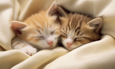 Two small domestic kittens sleeping together at home lying on bed white blanket