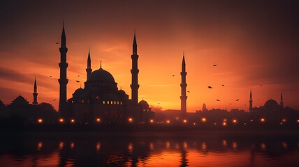 Obraz premium Silhouette of a majestic mosque against a vibrant sunset, warm hues of orange and pink, with ample copy space for text, capturing the beauty and serenity of the evening prayer