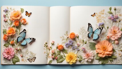 Floral Arrangement on Open Book, Top View, Creative Concept - Artistic Background for Editorial Design, Artistic Flyers with Copy Space