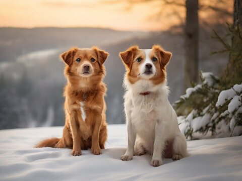 This cute two dog photograph with a winter background