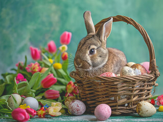 Fototapeta na wymiar Easter blue background with bunny with place for text. Cute bunny sitting in a basket with Easter eggs. Spring has come. Many flowers blooming.