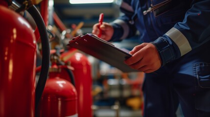 safety officer worker checking a fire extinguisher in a warehouse. Industrial Fire System control check by Professional Engineer write on clipboard