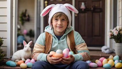 Fototapeta premium _Young_caucasian_boy_sitting_in_front_of_