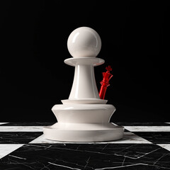 The Pawn chess piece has a red KING piece behind it.