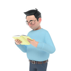 A man wearing glasses stands and reads a book against a white background. 3D Cartoon