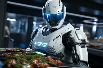 humanoid robot holding a plate of food in a restaurant