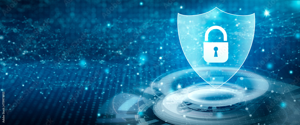 Wall mural shield with padlock icon in personal data security cyber data and information privacy with blue back
