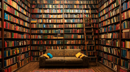 Bookshelves in the library. Large bookstore with many books. Sofa in the living room to read books - obrazy, fototapety, plakaty