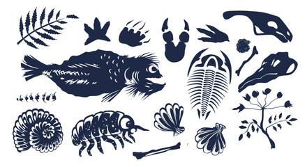 Prehistoric creature, bones, underwater animals and plants fossils silhouette © Siberian Art