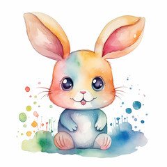 Fototapeta premium Cute bunny with splashes of colors isolated on a white background. Watercolor rabbit illustration for greeting cards and more. Colorful Easter bunny art. Postcard. Happy Easter card. Adorable rabbit.