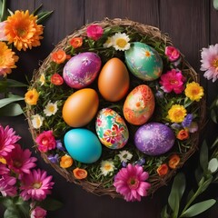 Obraz na płótnie Canvas Colorful Easter eggs with design in a basket on a dark wooden background. Colorful Happy Easter eggs in a nest with flowers. Beautiful Happy Easter background.