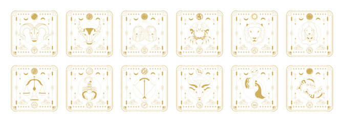 Set of zodiac signs icons. Astrology horoscope with signs and planets. - 719980395