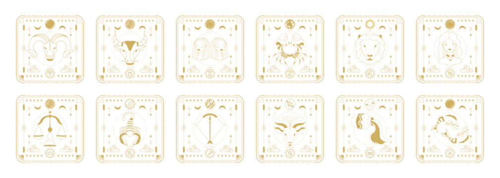 Set of zodiac signs icons. Astrology horoscope with signs and planets.