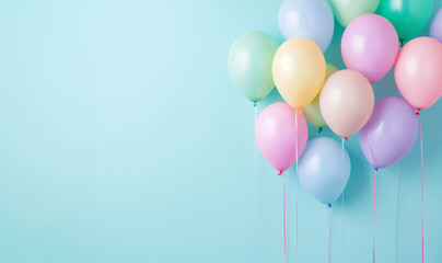 colorful balloons against pastel blue / green background, birthday wallpaper with copy space, celebration backdrop