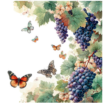 recommend clip art: background illustration of grapes covered in beautiful butterflies colored in watercolor