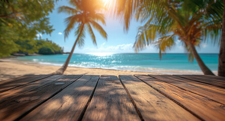 An empty wooden table placed on the background of a beautifully blurred tropical beach. generative AI