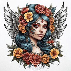 full color girl tattoo with skull and wing illustration chicano
