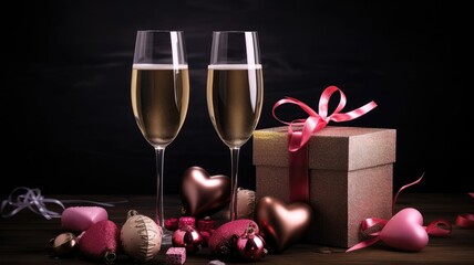 Two glasses of champagne bubble in pink champagne. Black background. Postcard for the celebration of Valentine's Day. Background for Valentine's Day, Christmas Birthday.
