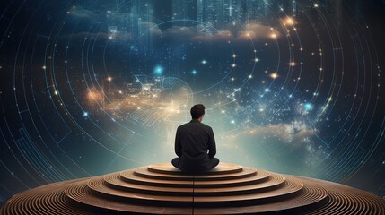Man Contemplating the Cosmos: A Digital Escape into Space-Time - obrazy, fototapety, plakaty