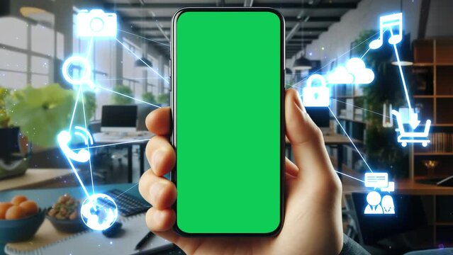 Man's hand shows mobile smartphone with green screen  on social media office