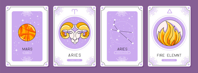 Set of cartoon magic witchcraft cards with astrology Aries zodiac sign characteristic. Vector illustration