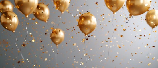 golden balloons floating on a gray background