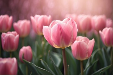 Fototapeta premium Solitary Pink Tulip in Soft Focus, Radiating Tranquility and Floral Beauty