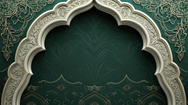 Luxurious Arabic background with stylish white and green patterns and ornate arch frame
