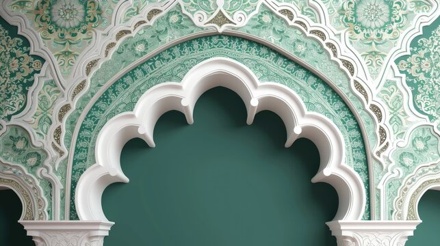 Luxurious Arabic background with stylish white and green patterns and ornate arch frame