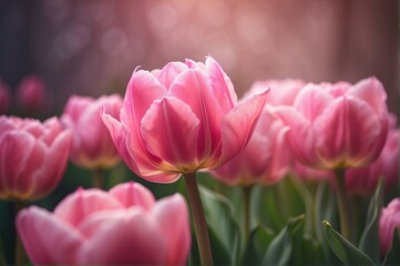 Fototapeta premium Solitary Pink Tulip in Soft Focus, Radiating Tranquility and Floral Beauty