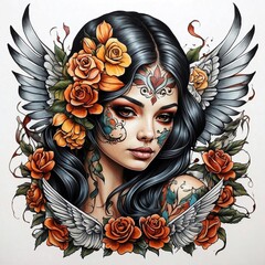 full color girl tattoo with skull and wing illustration chicano