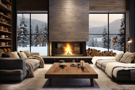 雪が積もる寒い冬に暖炉に火が灯っているリゾートの別荘(イメージ素材)