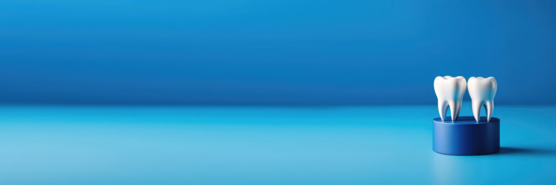 International Dentist Day, blue background, dental office, white tooth figurine, professional teeth cleaning, horizontal web banner, place for text - Powered by Adobe