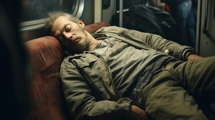 Obraz premium A man in old clothes sleeps in a transport